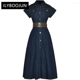 Party Dresses Designer Vintage Denim Dress Women's Lapel Pockets Single Breasted Sashes Gathered Waist Slim Midi For Women 2024 Luxury