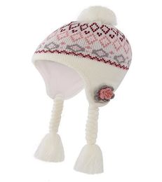 Connectyle Cute Toddler Girls Warm Winter Skull Hats Fleece Lined Flower Knit Kids Earflaps Hat With PomPom 240311
