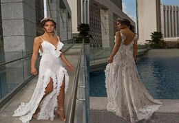 Julie Vino A Line Beach Wedding Dresses Lace Beads Side Split Sexy Spaghetti Neck Backless Country Bohemian Bridal Gowns6880151