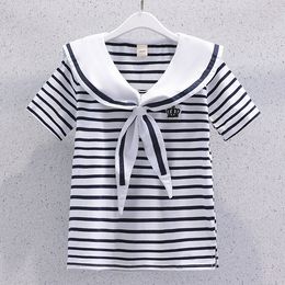 Summer Girls Suit Korean Style Sailor Collar Stripe Short Sleeve+Pleated Skirt 2Pcs Suits Jk Uniform Skirt Outfits for Girl 3-13