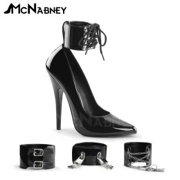 Interchangeable Ankle Cuffs Pumps Metallic Chain Sexy High Heels Punk Style Lock Buckle Pointed Toe Shoes Extreme Sexy High Heel