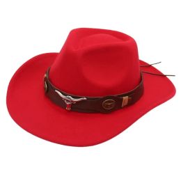 Wild Western Cowboy Wool Men's Hat Bull Shaped Decor Country Hat Ethnic Style Belt Knight Felt Hats Cowgirl Jazz Women Fedoras