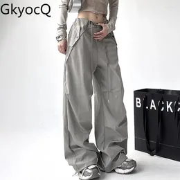 Women's Pants Iyundo 2024 Fashion Women American Retro High Waist Pocket Drawstring Wide Leg All Match Female Clothing