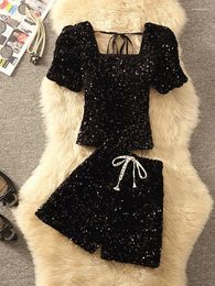 Women's Tracksuits Women Sequin Shorts Sets Sexy Chic Sparkling Cropped Shirt Baddie Two Piece Set Female 2024 Elegant Evening Partywear