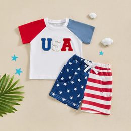 Clothing Sets 2024-03-05 Lioraitiin Toddler Boys 4th Of July Shorts White Short Sleeve Letter Embroidery Top Star Stripe Print Set