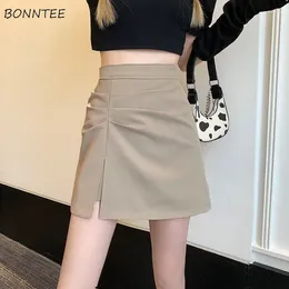 Skirts A-line Slit Women Folds Design Fashion High Waist Sexy Solid Casual Mini All-match Korean Style Temperament Mature Chic