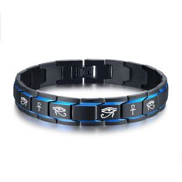 Bracelets Men Engraved Eye of Horus Anka Cross Watch Band Bracelet With Blue Line Stainless Steel Bangle Jewellery