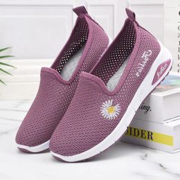 Fitness Shoes Summer Women Flat 2024 Flying Knitting Fashion Flowers Ladies Sneakers Pedal Lazy Mesh Running