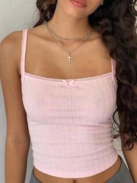 Women's Tanks Women Lace Bow Crop Top Y2k Clothes Sleeveless Cotton Basic Tops Summer Casual Vest Sweet Cute Vintage 90s Tees