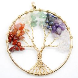 charms 7 Chakra Quartz Natural Stone 50MM Tree of Life Pendulum Pendant for Jewellery Making Reiki Healing Crystal Necklaces Pendants