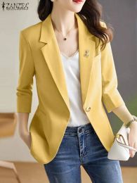 2023 ZANZEA Elegant Women Blazer Suits Summer Lapel Neck 3/4 Sleeve Thin Coats Casual Office Workwear Solid OL Outwear Cardigan