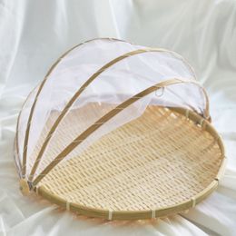 30/35/40cm Hand-Woven Drying Basket With Fly Net Cover Round Dustpan Bamboo Basket Bread Fruit Basket Vegetable Storage Tray