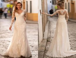 Plus Size Mermaid Wedding Dresses Deep V Neck Lace Applique Long Illusion Sleeves Floor Length Backless Bridal Gowns vestidos de n1803458