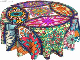 Table Cloth Colourful Mandalas Flower Tablecloth Round Table Cover Washable Polyester Table Cloth for Kitchen Party Picnic Dining Decor Y240401