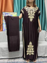 Ethnic Clothing Muslim Abayas For Women Pure Colour Ice Cotton Embroider Traditional Loose Fit Femme Robe African Islam Sets With Hijabs