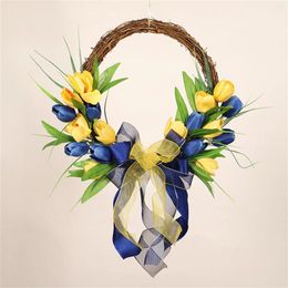 Decorative Flowers Front Door Wreath Yellow And Blue Spring Summer Farmhouse For Home Wall Wedding 12 In Christmas