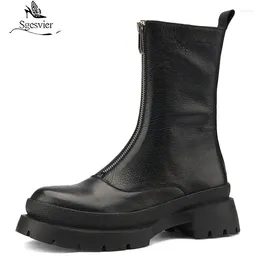 Boots Sgesvier Size 34-43 Women Real Leather Mid Calf Round Toe Shoes Winter Warm Fashion Front Zipper Footwear