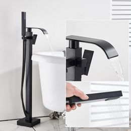 Uythner Floor Mounted Bathtub Faucet Set Black Bath Tub Faucet Hot and Cold Water Shower Bathtub Mixer Tap Waterfall Floor Stand
