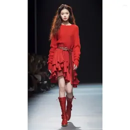 Casual Dresses Stylish Red Knitted Dress Set With Pleats Asymmetry And Belts Winter Holidays 2024