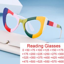 Colour Stripe Cat Eye Anti Blue Light Reading Glasses Women Luxury Brand Designer Big Frame Vintage Eyeglasses Presbyopia Eyewear