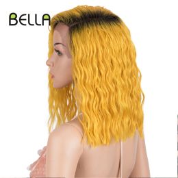 Bella Synthetic Lace Wigs Lace Short Bob Curly Hair 14 inch Yellow Cosplay Wig For Black Women Heat Resistant Fibre Lolita