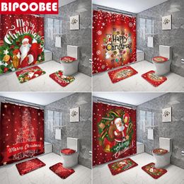 Shower Curtains Santa Claus Red Curtain Merry Christma Bathroom Set Xmas Festival Decor Bath Mat Toilet Cover Lid Anti-slip Rug