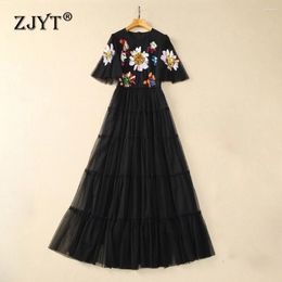 Party Dresses ZJYT Runway Summer Sequined Floral Mesh For Women 2024 Elegant Short Sleeve Black Long Evening Dress Special Event