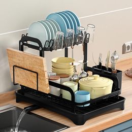 Kitchen Storage 2 Tier Dish Drainer Cup Holder Drying Rack Cutting Board 360-Degree Retractable Drain For Counter