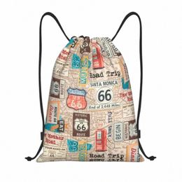 vintage Route 66 Drawstring Bags Women Men Portable Sports Gym Sackpack USA Highways Map Shop Storage Backpacks o5HT#