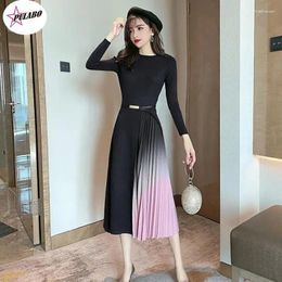 Casual Dresses PULABO Elegant Knitted Patchwork Gradient Pink Pleated Dress Women Long Sleeve Sweater Office One-Piece Midi With Belt Ins