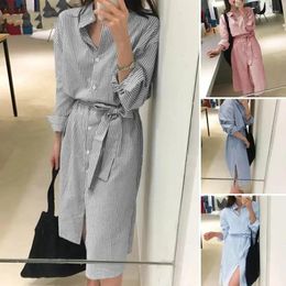 Casual Dresses Office Ladies Striped Long-sleeved Shirt Collar Lace-up Dress Spring 2024 Classic Temperament
