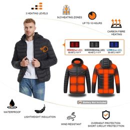 2023NEW Men Heated Jackets Outdoor Coat USB Electric Battery Long Sleeves Heating Hooded Jackets Warm Winter Thermal Clothing