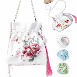 vintage Embroidery Chinese Hanfu Bag Women's Pearl Tassel Antique Drawstring Pocket Handbag Crossbody Bags Hanfu Accories 32Cz#