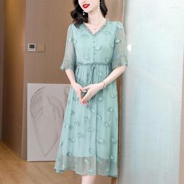 Party Dresses 2024 Blue Mesh Embroidery Midi Dress Spring Summer Fashion Light Loose Waist Women Korean Luxury Elegant Robe