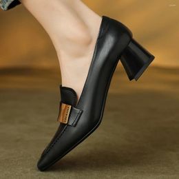 Dress Shoes Plus Size 34-42 Women's Genuine Leather Square Toe Slip-on Pumps Elegant Ladies OL Style 4.5cm Thick Med Heel Heeled