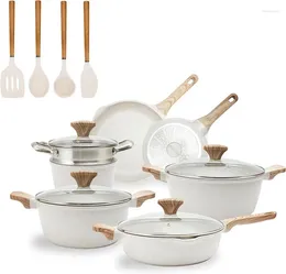 Cookware Sets Country Kitchen Nonstick Induction With Utensils - 15 Piece Cast Aluminium Pots And Pans -Cream