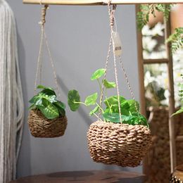 Vases Garden Hanging Planter Flowerpot Rattan Woven Basket Flower Pot Handmade Straw Plant Hangers Home Decoration