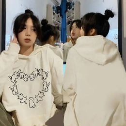 Korean style cute cat love pattern hooded sweatshirt for women loose casual autumn and winter couple wear niche jacket for men