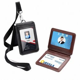 top Grade Genuine Leather ID Badge Holder Busin Cards Holders with Neck Lanyard Formal Staff Magnet Closed ID Card Name Tags 76X6#