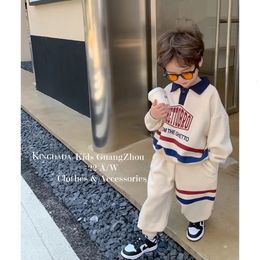 Korean Kid Set Baby Boy Suit 2023 Spring Autumn Fashion Letter Print Girls 2pcs Outfits Clothes Lapel Cotton Sweater Pant 240318