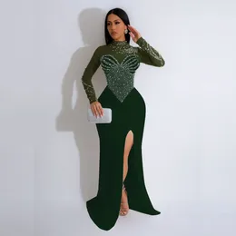 Casual Dresses CINESSD 2024 Shows Temperament And Exquisite Rhinestone Pearl See-through Tight Waist Sheath Stretch Split Dress Long
