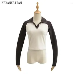 Women's T Shirts KEYANKETIAN 2024 Launch Contrast Colour POLO Collar Knit T-shirt American Retro Long-Sleeved Slim-Fit Short Top Tees