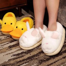 2024 Cute Yellow Duck Fluffy Fur Home Slippers Women Winter Warm Plush Thick Platform Slides Kawaii Animal Indoor House Shoes