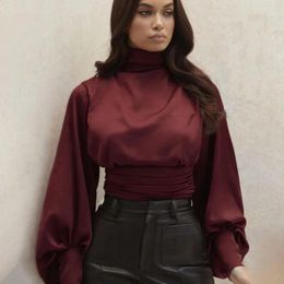 Women's Blouses Backless Crop Tops Lady Shirt Elegant Women 2024 Chic Wine Red Party Blouse High Collar Long Puff Sleeve Blusas
