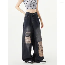 Women's Jeans Women Black Y2K Style High Waist American Worn-out Wide Leg Pants Fashion Hip Hop Vintage Straight Winter Female Trouser