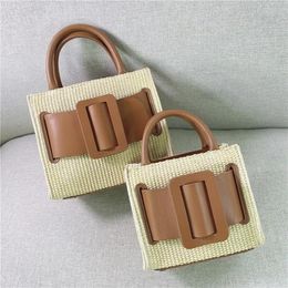 Bag Fashion Design Women Straw Woven Tote Cowhide Messenger Lady Square Buckle Handbag Large Shoulder Girls Travel