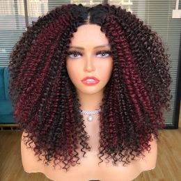 Short Afro Kinky Curly Wigs Synthetic Lace Front Wig For Women Ombre Brown Synthetic Middle Nature Hair Black Headgear with Clip