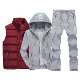 Sweat Suit New Winter Men's Clothing Men Sets 3 Pieces Vest Hoodie Set Fleece Zipper Casual Sport Sweatpant Men Tracksuit Outfit