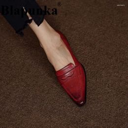 Casual Shoes Blapunka Genuine Leather Women Penny Loafers Red Retro Handmade Flats High Quality Slip-on Brown Loafer Trend