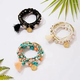 Charm Bracelets 6PCS/Set Women Fashion Beads Bracelet Multilayer Rice Bead Coin Tassel Female Wristband Jewellery Party Summer